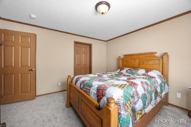 carpeted bedroom with ornamental molding