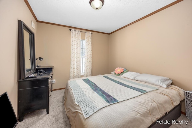 bedroom with light colored carpet and ornamental molding