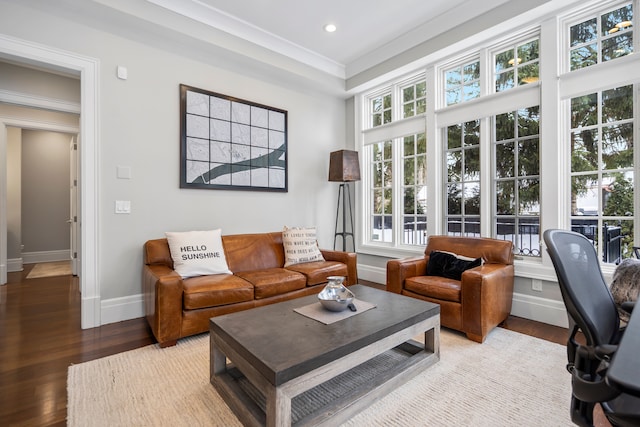 living area with crown molding, recessed lighting, wood finished floors, and baseboards