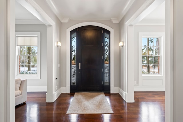 foyer entrance featuring ornamental molding, dark wood-type flooring, and a wealth of natural light