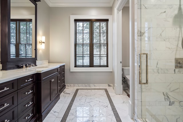 full bath featuring baseboards, marble finish floor, toilet, and a healthy amount of sunlight