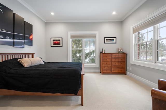 bedroom featuring recessed lighting, light carpet, crown molding, and baseboards