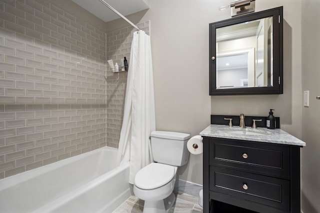 full bathroom featuring toilet, shower / tub combo with curtain, and vanity