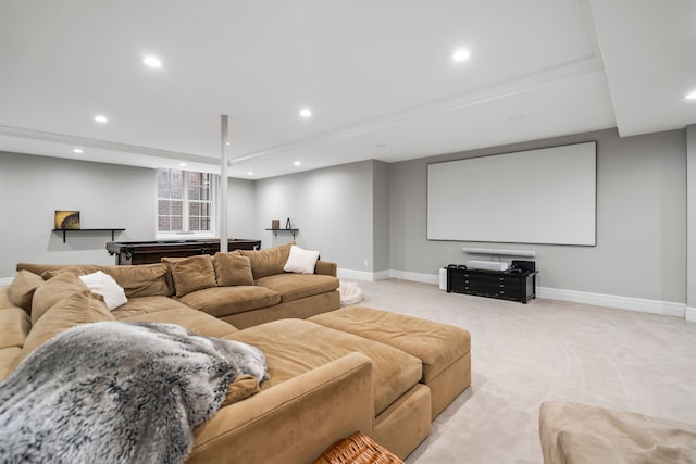 home theater featuring recessed lighting, light colored carpet, and baseboards