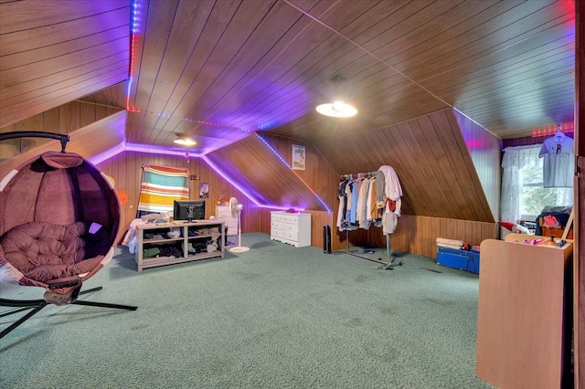 game room with carpet floors, wood ceiling, wooden walls, and vaulted ceiling