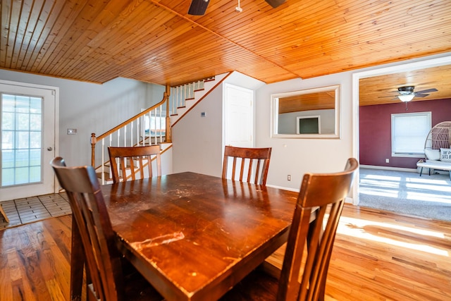 dining area featuring wood ceiling, hardwood / wood-style flooring, and ceiling fan