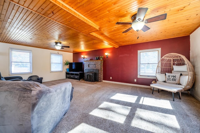 carpeted living room with wooden ceiling and ceiling fan