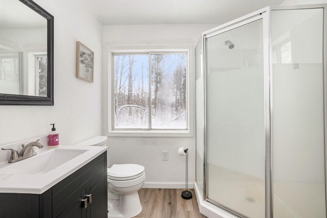 bathroom featuring a shower with door, vanity, wood-type flooring, and toilet