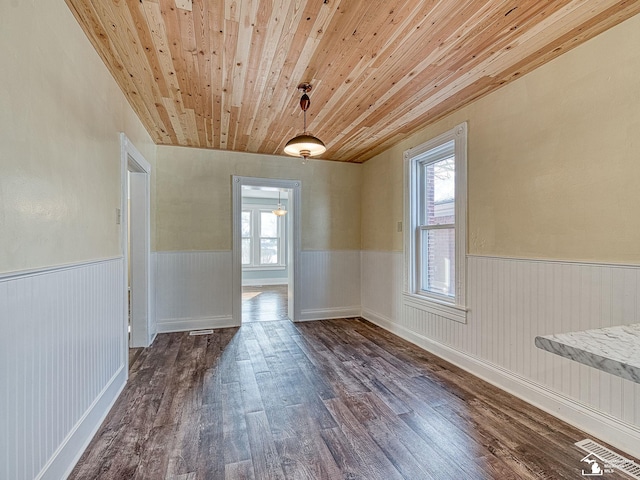 unfurnished dining area featuring a healthy amount of sunlight, dark wood-type flooring, and wooden ceiling