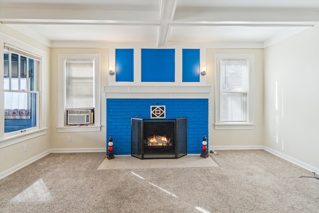 unfurnished living room featuring beamed ceiling, light colored carpet, ornamental molding, and cooling unit