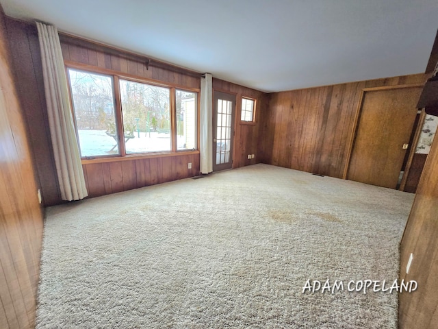 carpeted empty room featuring wood walls