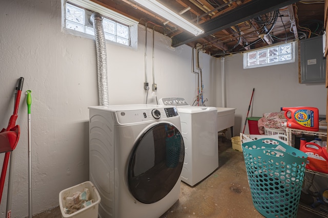 laundry room with electric panel, plenty of natural light, and washer and dryer