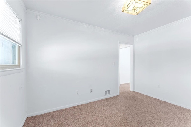 carpeted spare room featuring crown molding