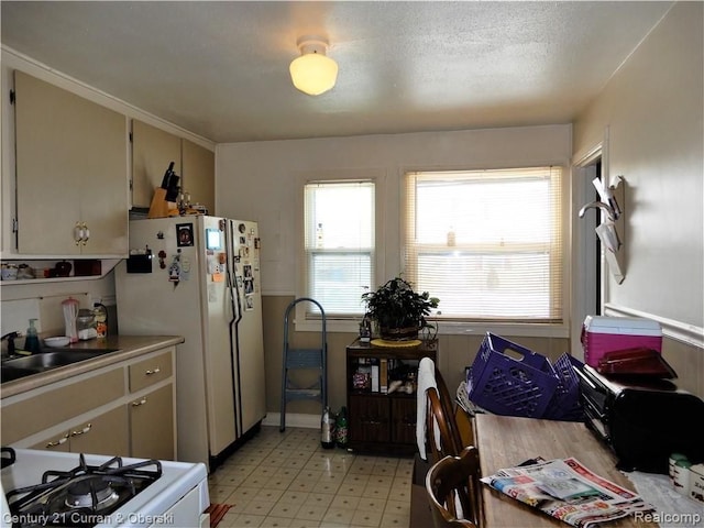 kitchen with sink, white appliances, and a textured ceiling