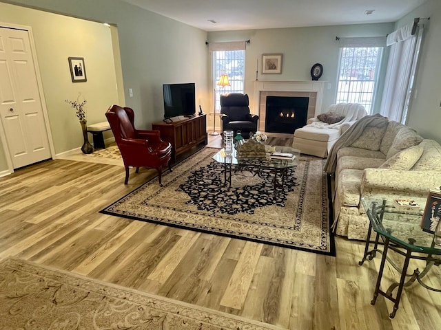 living room featuring a tiled fireplace and wood-type flooring