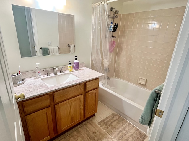 bathroom featuring shower / tub combo with curtain, vanity, and tile patterned flooring