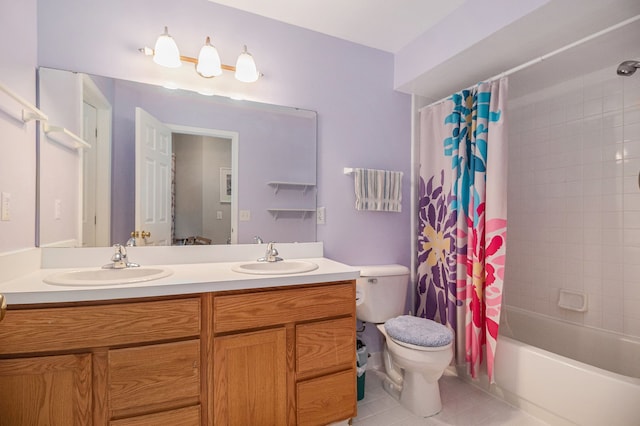 full bathroom featuring tile patterned floors, toilet, shower / tub combo, and vanity