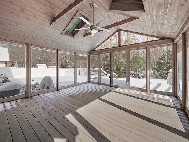 unfurnished sunroom featuring ceiling fan, lofted ceiling with skylight, and wooden ceiling