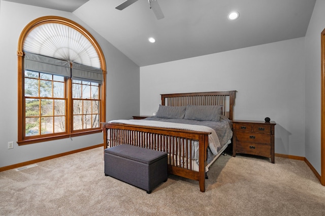 carpeted bedroom with recessed lighting, visible vents, lofted ceiling, and baseboards