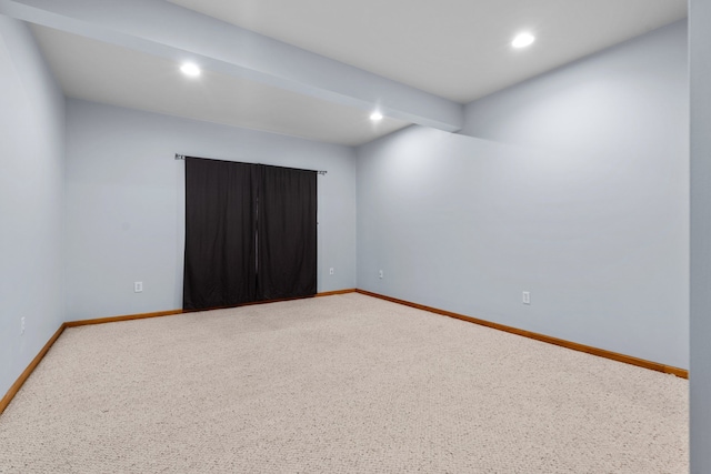 unfurnished room featuring beam ceiling, carpet flooring, recessed lighting, and baseboards