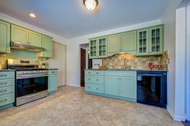 kitchen featuring green cabinetry, stainless steel range with gas stovetop, a sink, under cabinet range hood, and dishwasher