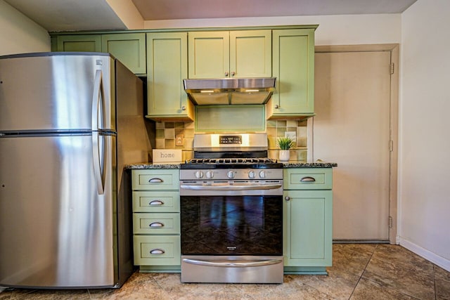 kitchen featuring green cabinets, under cabinet range hood, and stainless steel appliances