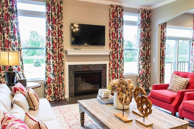 living room featuring a premium fireplace, crown molding, and hardwood / wood-style flooring