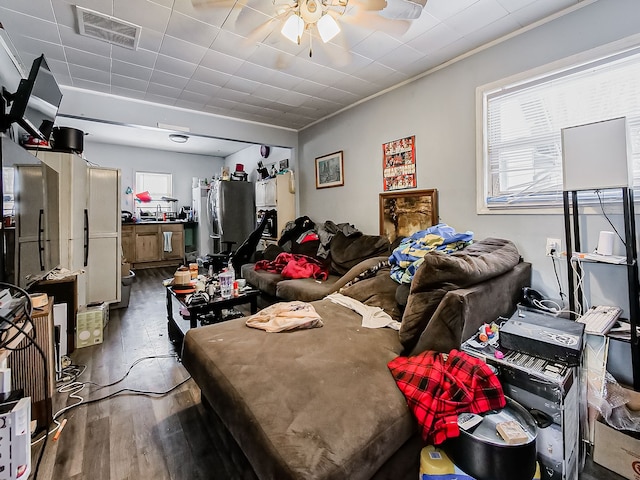 bedroom with dark wood-style floors and visible vents