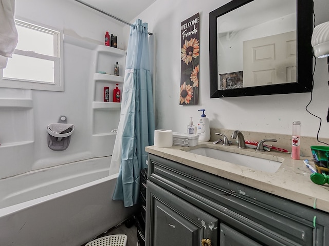 full bathroom with shower / bath combo with shower curtain and vanity