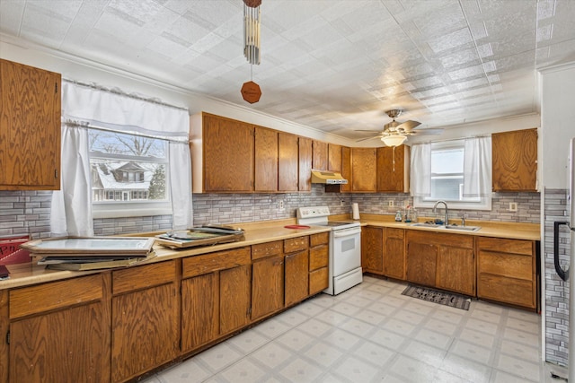 kitchen with sink, white electric range oven, crown molding, and decorative backsplash