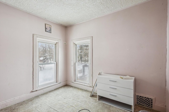 entryway featuring light colored carpet and a textured ceiling