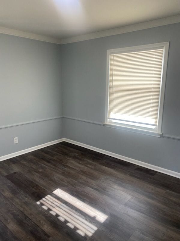 spare room with dark hardwood / wood-style flooring and ornamental molding