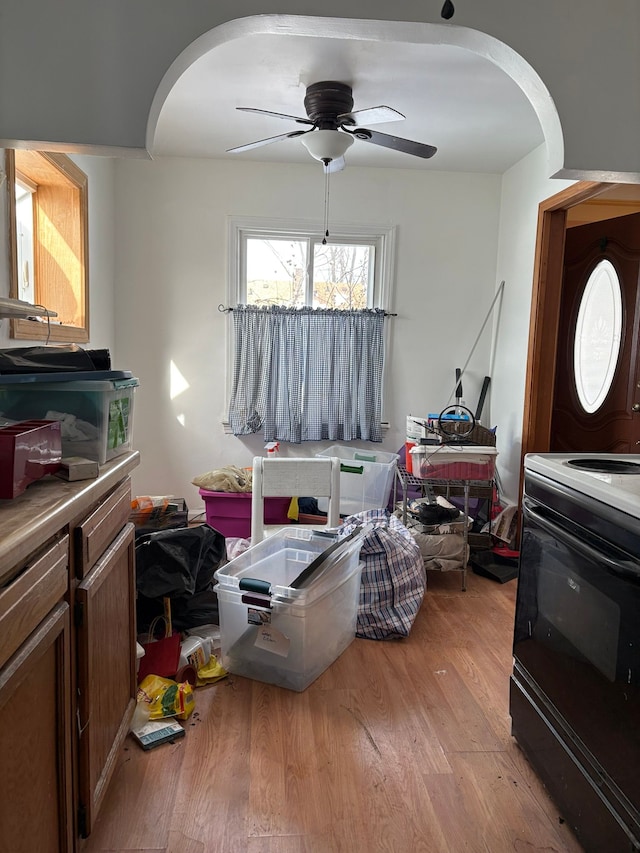 interior space featuring ceiling fan and light wood-type flooring