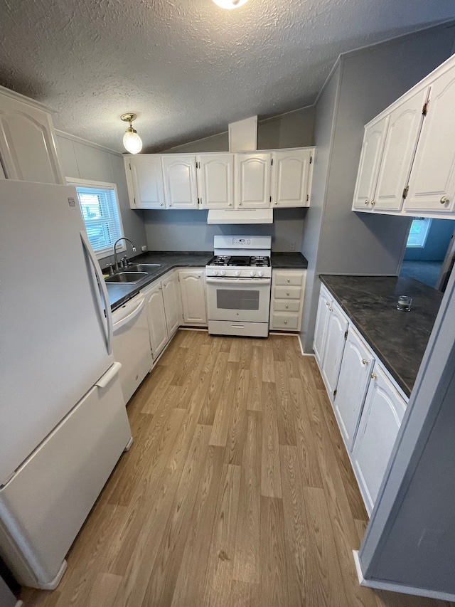 kitchen with light hardwood / wood-style floors, sink, white appliances, a textured ceiling, and white cabinets