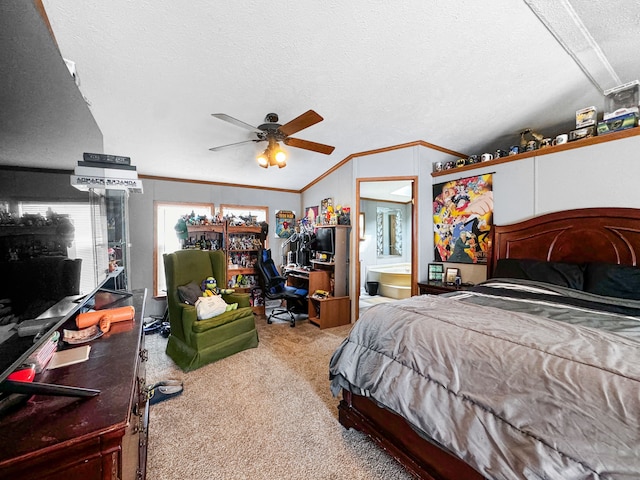 bedroom with connected bathroom, a textured ceiling, ornamental molding, carpet flooring, and ceiling fan