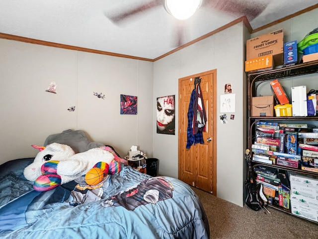 carpeted bedroom featuring crown molding and ceiling fan