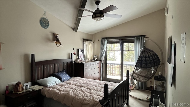 11720 Easy St, Kewadin, MI 49648 - bedroom featuring vaulted ceiling, access to outside, a ceiling fan, and carpet flooring