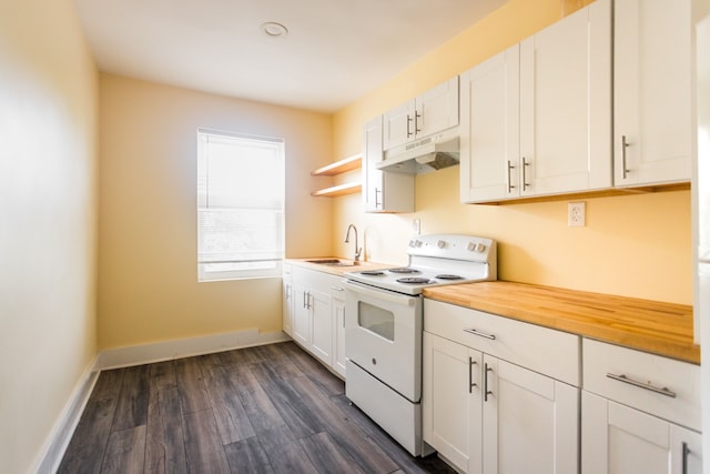 kitchen featuring wooden counters, sink, white cabinets, and white range with electric cooktop