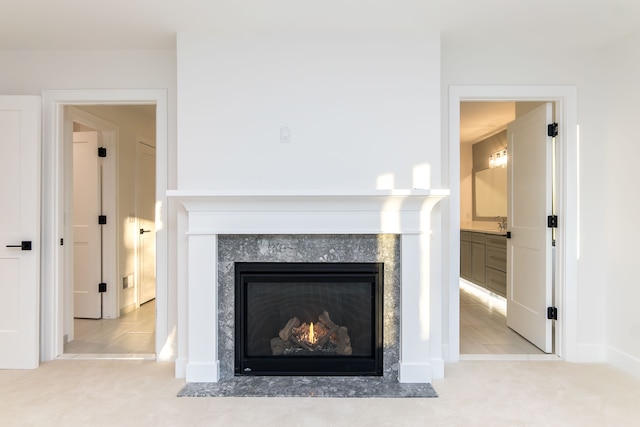 details featuring a high end fireplace and carpet