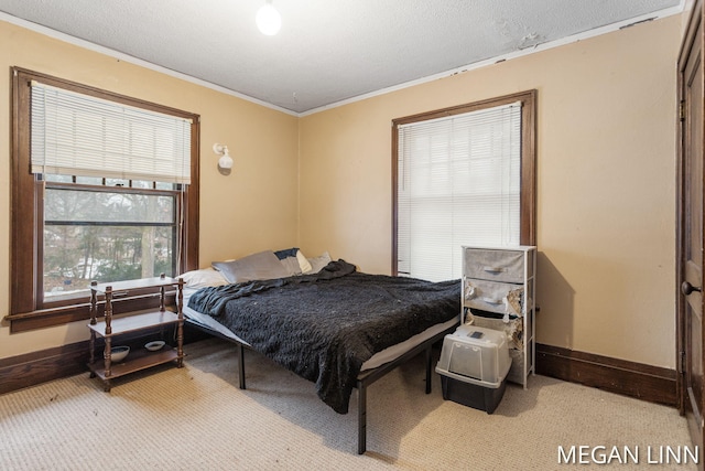 bedroom featuring crown molding, light colored carpet, and a textured ceiling