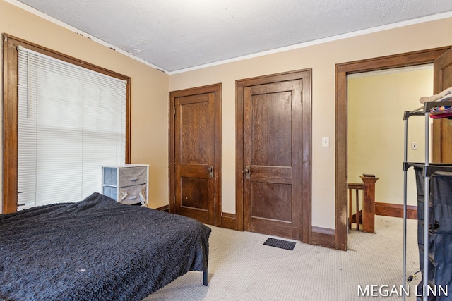 bedroom with light colored carpet, ornamental molding, a textured ceiling, and two closets