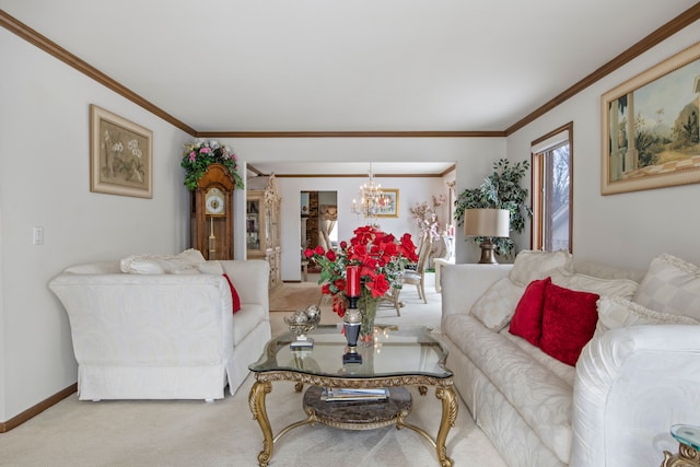 living room with crown molding, an inviting chandelier, baseboards, and light colored carpet