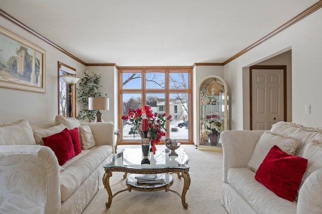 living room with ornamental molding and light colored carpet