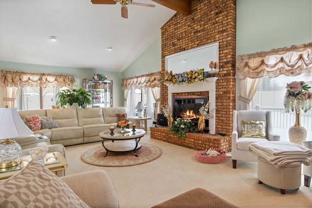 living area with ceiling fan, beamed ceiling, carpet floors, a fireplace, and high vaulted ceiling