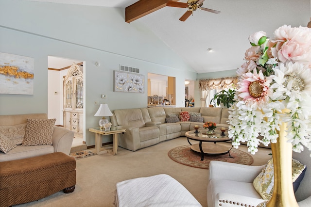 living area with high vaulted ceiling, carpet flooring, visible vents, a ceiling fan, and beamed ceiling