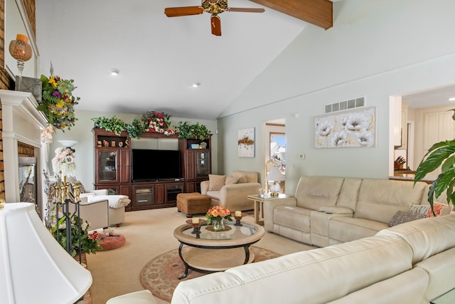 living area featuring light colored carpet, visible vents, ceiling fan, high vaulted ceiling, and beamed ceiling