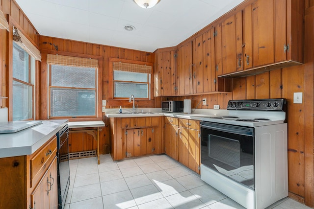 kitchen featuring sink, electric range, and wood walls