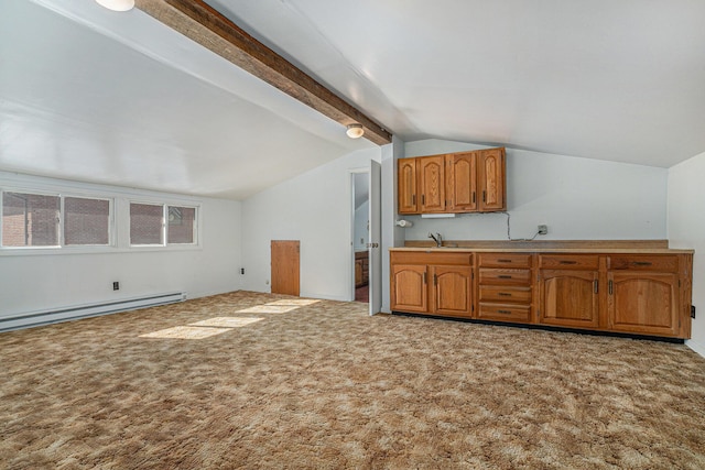 bar featuring sink, carpet floors, lofted ceiling with beams, and baseboard heating