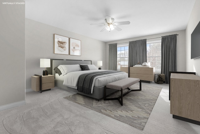 bedroom featuring light colored carpet and ceiling fan