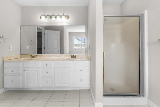 bathroom with tile patterned flooring, vanity, and a shower with shower door